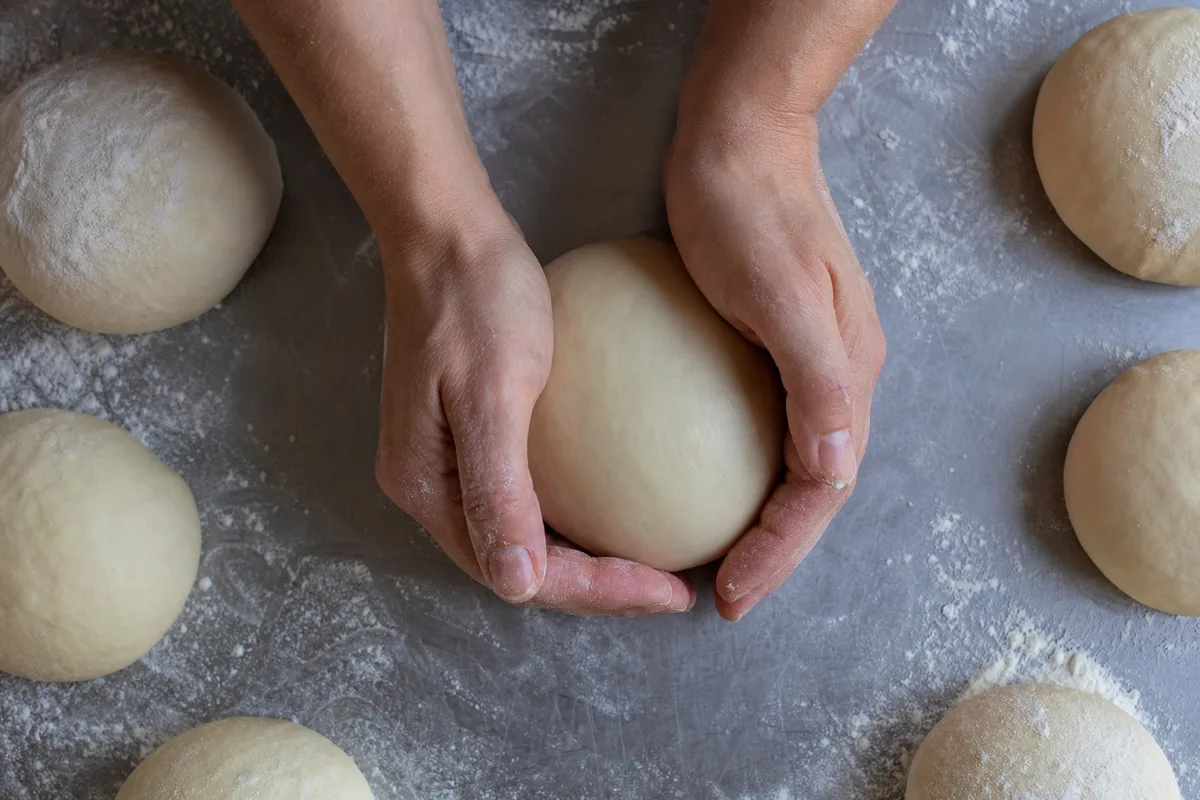 Mains de boulanger boulant un pâton de pâte sur un plan de travail fariné