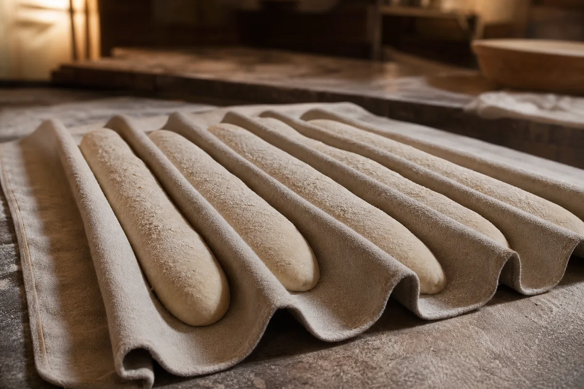 Pâtons de baguettes en pousse sur une toile de couche en lin plissée