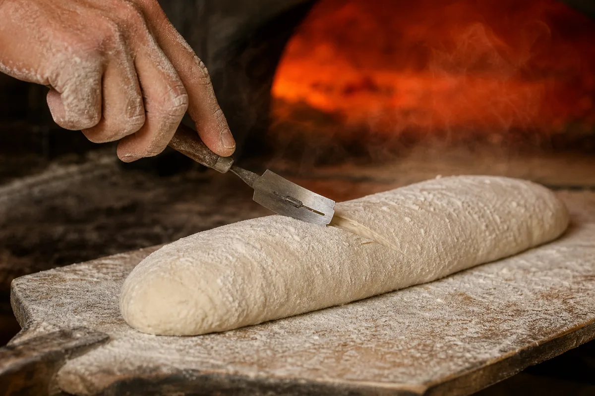 Baguettes crues incisées à la lame avant enfournement dans un four à sole