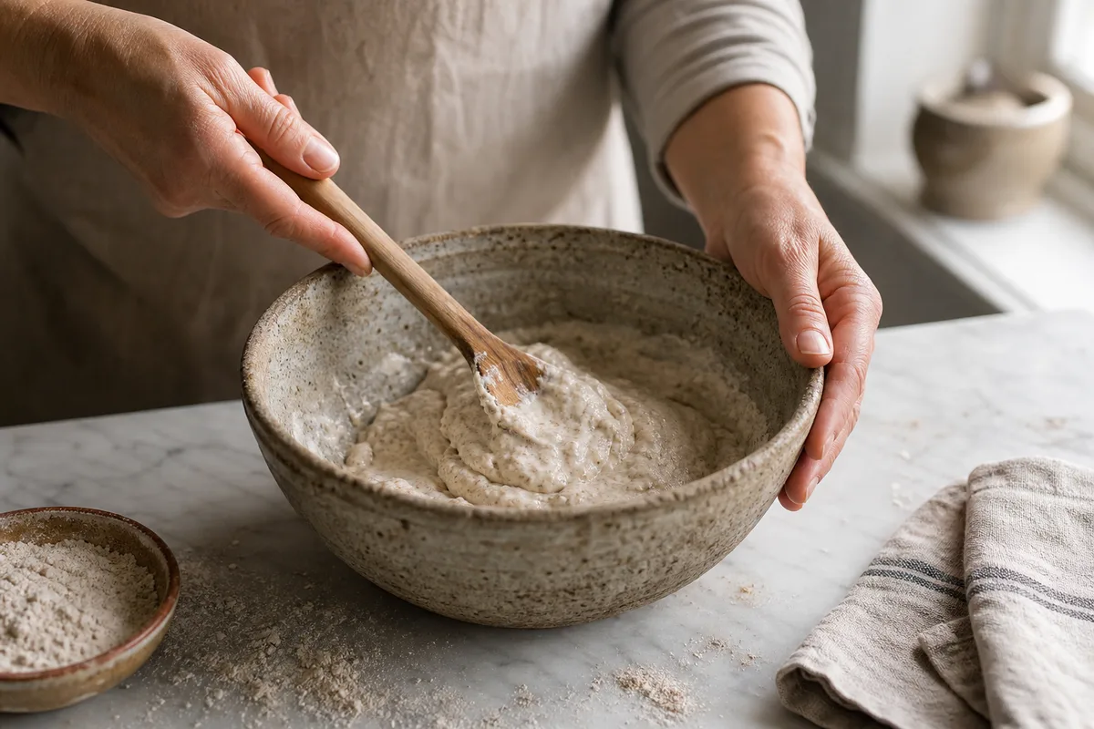 Mains d&rsquo;un boulanger amateur rafraîchissant un levain dans un bol en grès