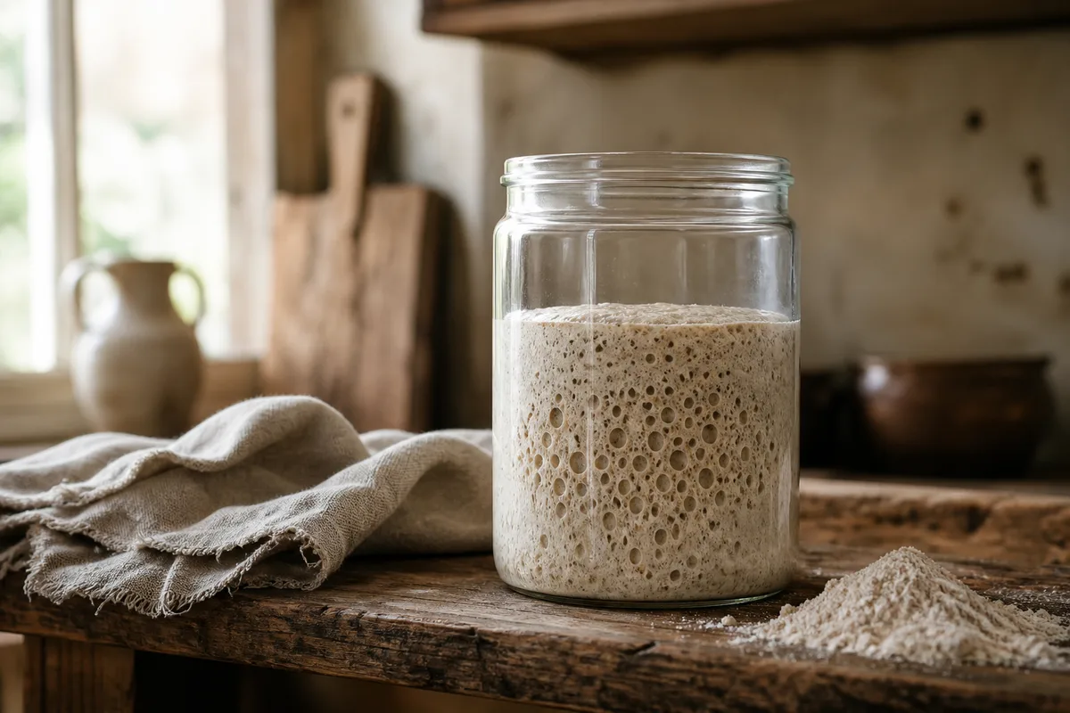 Levain mûr dans un bocal en verre montrant une structure de bulles ouverte