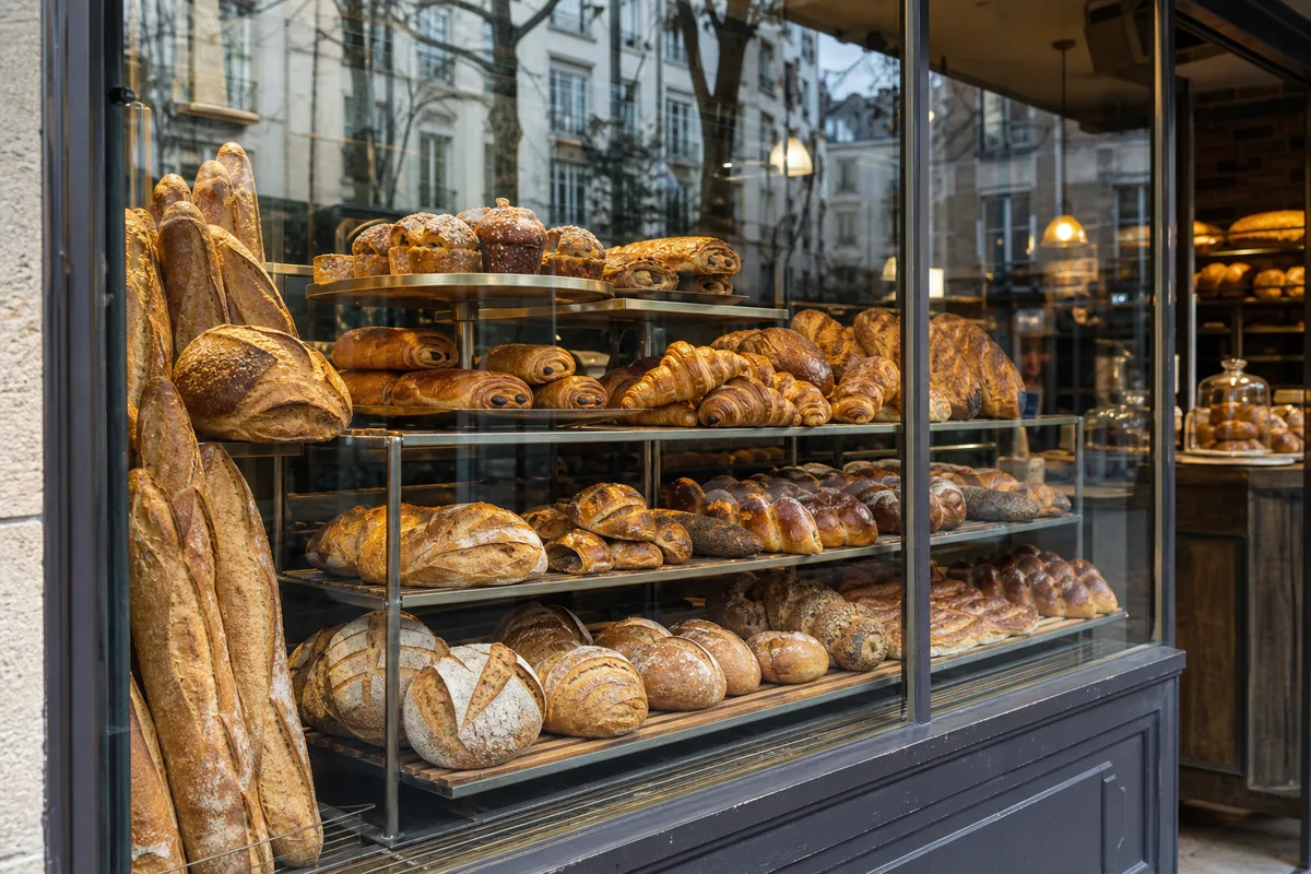 Vitrine de boulangerie artisanale garnie de pains et viennoiseries fraîches