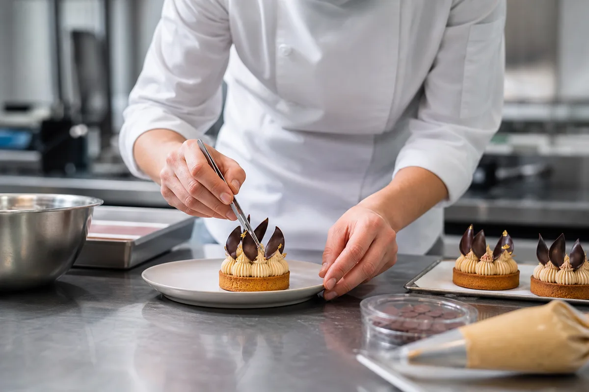 Pâtissier dressant une pâtisserie fine dans un laboratoire professionnel