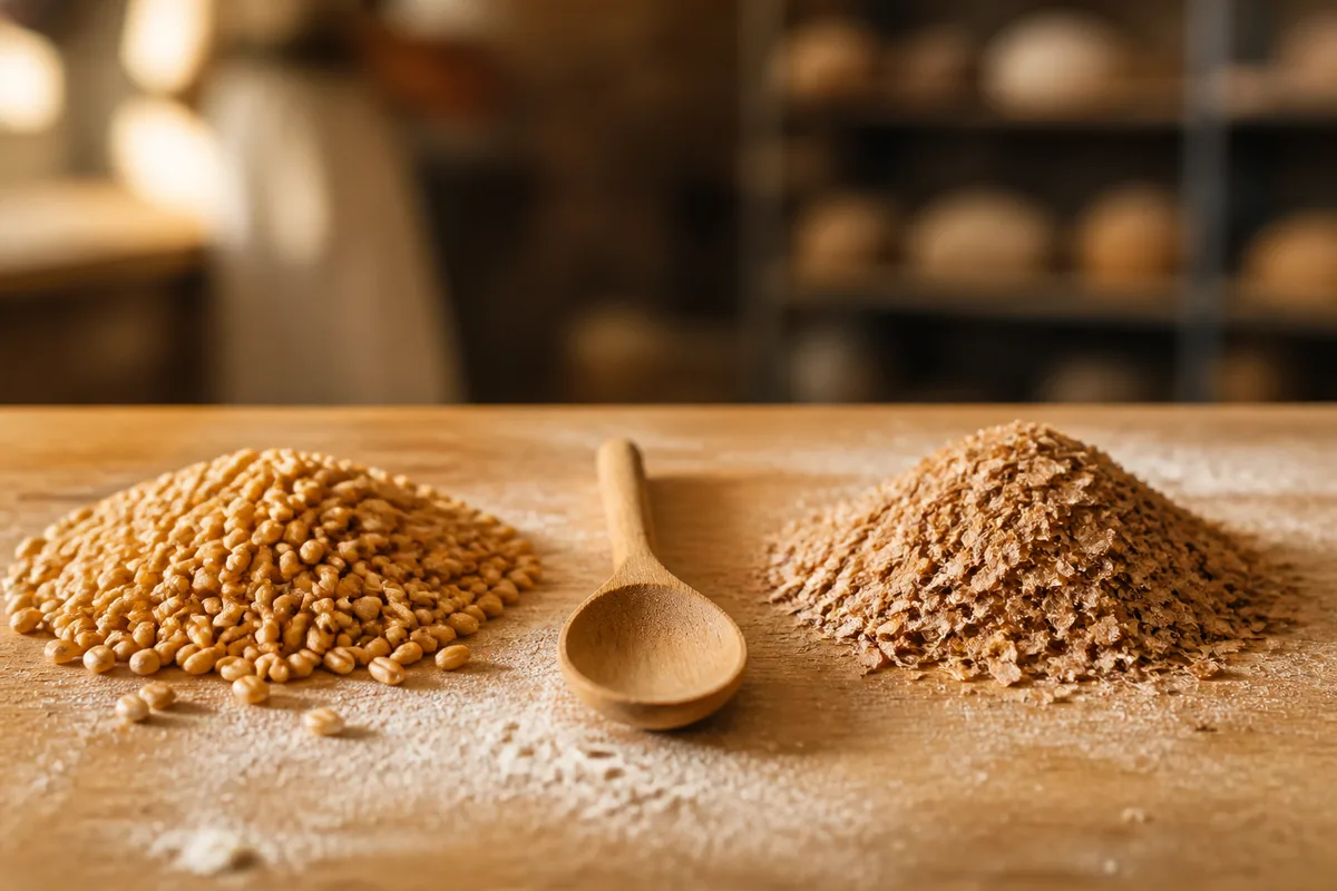 Grains de blé et son de blé posés côte à côte sur un plan de travail en bois clair