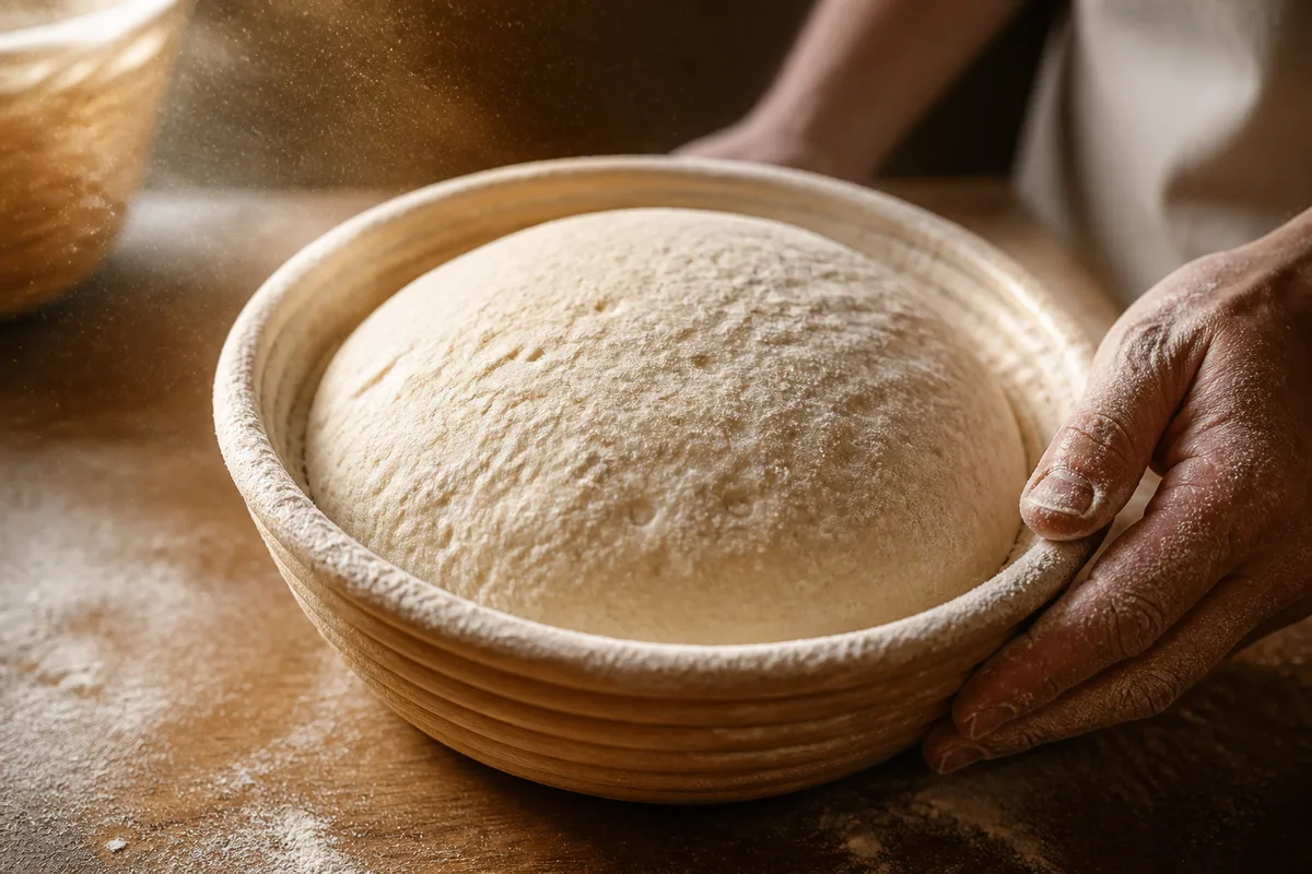 Pâton de pain au levain en fin de pointage dans un banneton en osier fariné