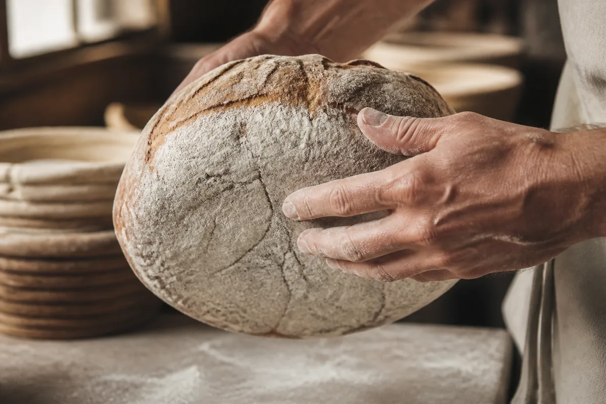 Miche de pain de campagne à la croûte brun doré posée sur une grille de fournil