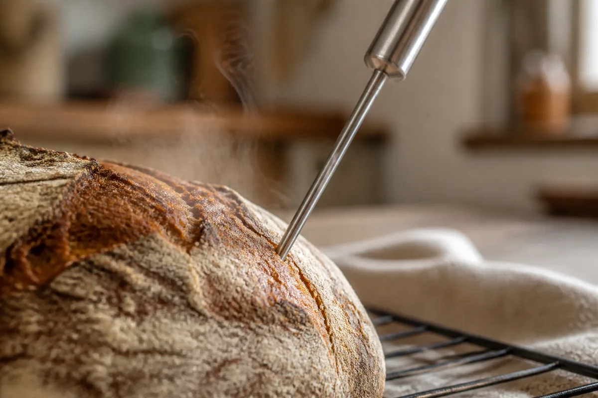 Mains de boulanger tapant le dessous d’une miche pour écouter le son creux