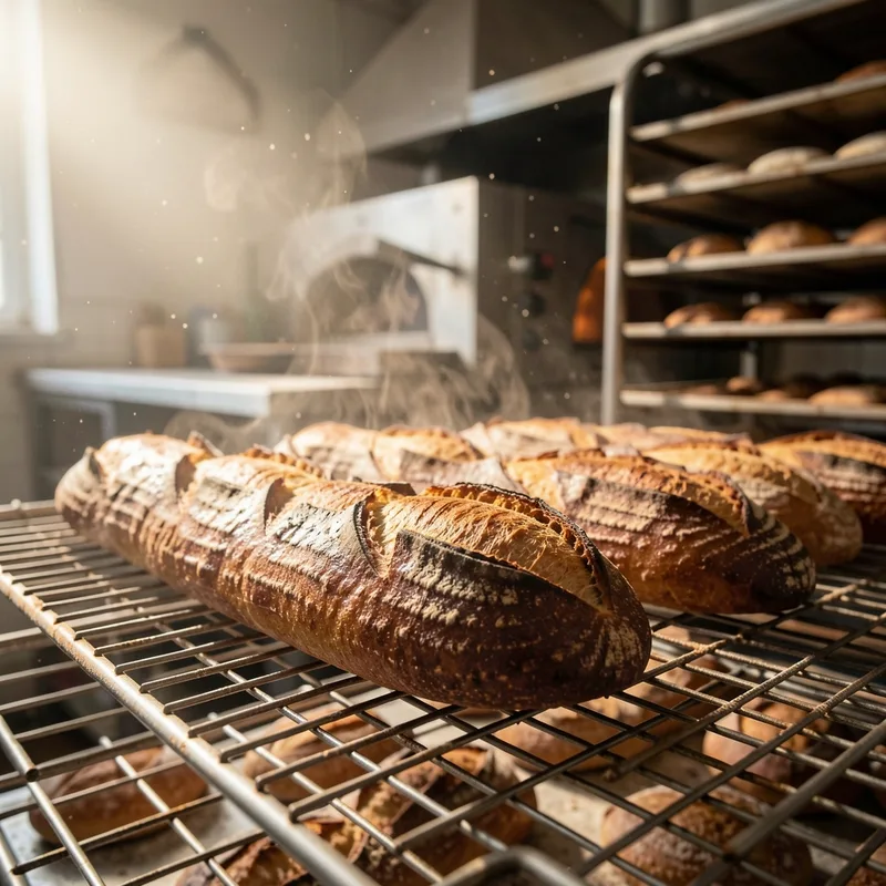 Baguettes de tradition posées sur une grille de refroidissement dans un fournil