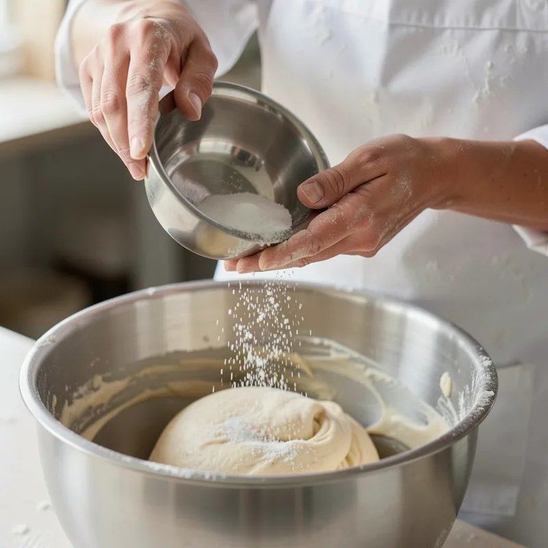 Mains de boulanger incorporant le sel à la pâte pendant le frasage
