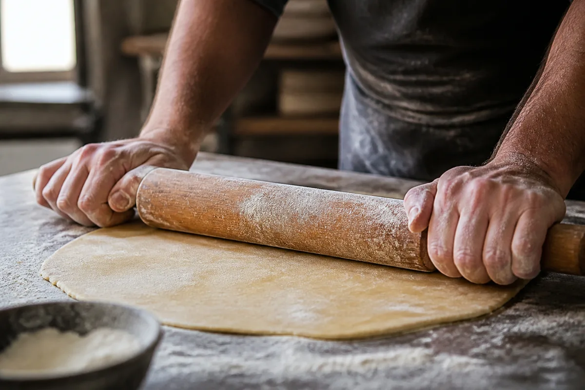 Mains de pâtissier abaissant une pâte au rouleau sur un plan de travail fariné