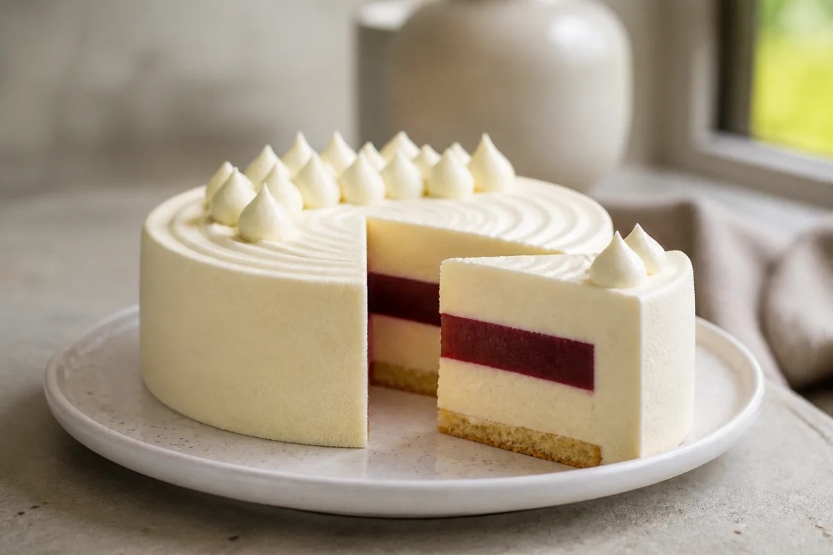 Entremets moderne tranché laissant apparaître ses couches de mousse, de biscuit et d&rsquo;insert